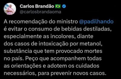 Brandão orienta população a evitar bebidas destiladas após casos de intoxicação por metanol no Brasil