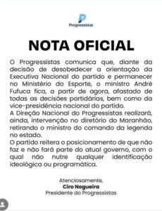 Fufuca permanecerá no governo Lula e perderá PP no MA, diz Ciro Nogueira. Veja nota do partido