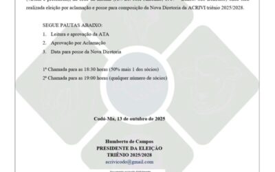 ACRIVI Convocará Assembleia para Eleição e Posse da Nova Diretoria em Outubro