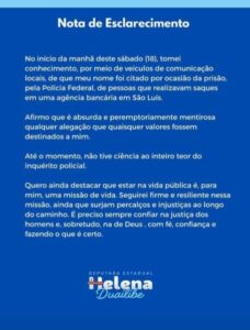 ABAIXO, A ÍNTEGRA DA NOTA. DEPUTADA HELENA DUAILIBE EMITE NOTA DE ESCLARECIMENTO