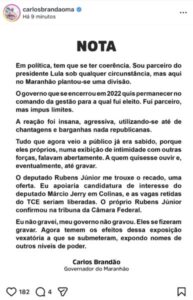 Governador Brandão confirma oferta de Rubens Júnior e Marcio Jerry, “apoiar o candidato em Colinas e as vagas retidas no TCE seriam liberadas”