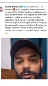 Operação integrada entre Brasil e Paraguai localiza e resgata criança maranhense levada pelo pai