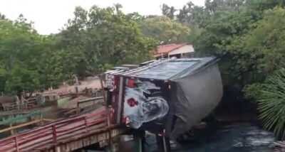 Ponte desaba com caminhão no interior do Maranhão; veja vídeo