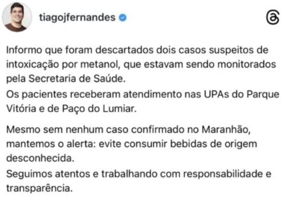 Intoxicação por metanol: dois casos suspeitos no MA foram descartados