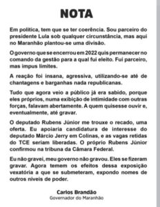 Brandão reage a áudios e acusa ex-aliados de ‘chantagens e barganhas nada republicanas’