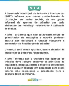 SMTT investiga “Ranking de Multas” criado por agentes de trânsito em São Luís