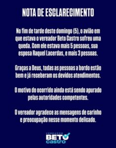 Avião com o vereador Beto Castro sofre queda; todos os ocupantes passam bem