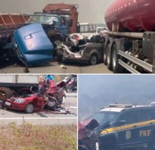 BR-135 é interditada após engavetamento com carros e caminhões no Campo de Perizes