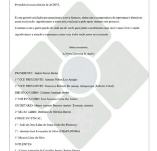 ACRIVI anuncia nova diretoria para o triênio 2025–2028 com foco em união e fortalecimento da associação