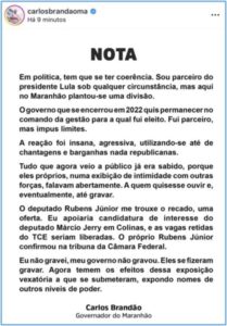 Governador Brandão confirma oferta de Rubens Júnior e Marcio Jerry, “apoiar o candidato em Colinas e as vagas retidas no TCE seriam liberadas”
