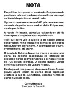 Brandão acusa dinistas de ‘divisão, chantagens e barganhas’