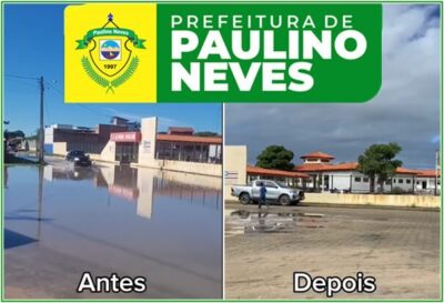 Prefeitura de Paulino Neves, através da Secretaria de Obras, realizou a drenagem para escoamento de águas pluviais, em frente a Escola Alfredo Duailibe