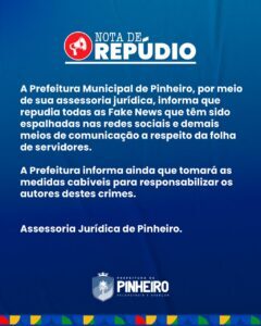 Prefeitura de Pinheiro emite nota de repúdio contra fake news sobre folha de servidores
