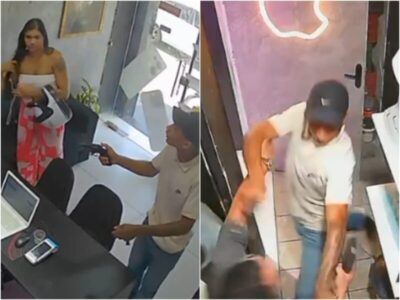 Imagens mostram momento em que auxiliar penitenciário é baleado ao reagir a assalto em loja no Cohatrac