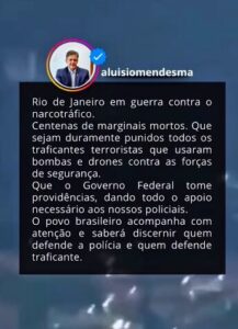 Aluisio defende endurecimento contra o tráfico após megaoperação no RJ