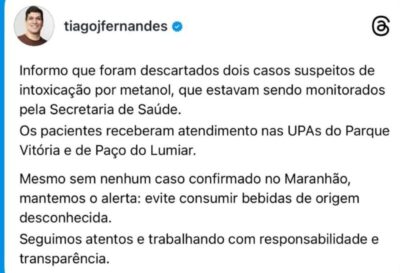 SES descarta casos suspeitos de intoxicação por metanol no Maranhão