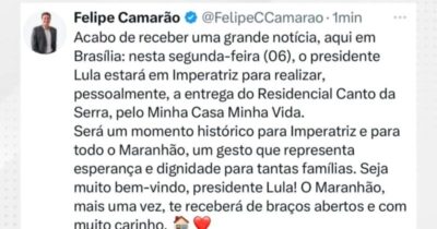 Felipe Camarão confirma vinda de Lula ao Maranhão