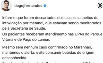 Secretário de Saúde descarta casos suspeitos de intoxicação por metanol no Maranhão