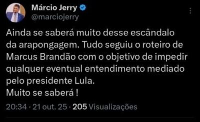 Márcio Jerry afirma em postagem que crise dos áudios foi para “impedir qualquer entendimento medidado por Lula”