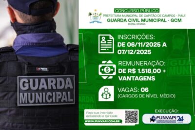 Prefeitura de Capitão de Campos abre concurso público para Guarda Civil Municipal