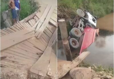 Ponte de madeira desaba e caminhão com asfalto cai em riacho em Brejo de Areia
