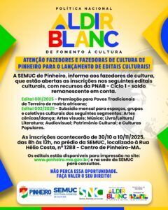 Prefeitura de Pinheiro lança novos editais culturais com recursos da PNAB