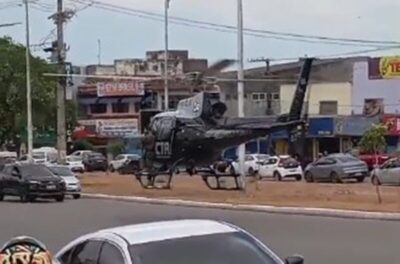 Helicóptero do CTA pousa em avenida em busca de bandidos que assaltaram instituição financeira em São Luís