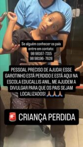 URGENTE! Criança especial é encontrada perdida em São Luís; Colégio Educallis acolhe com humanidade e aguarda localização da família