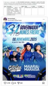 Prefeito ignora Recomendação do MP e mantém show de R$ 654 mil de Maiara e Maraisa em pequena cidade do interior do MA