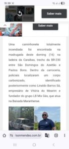 corpo encontrado na BR-230 entre Pastos Bons e São Domingos do Azeitão é de Linaldo Barros Sá, empresário de Vitória do Mearim