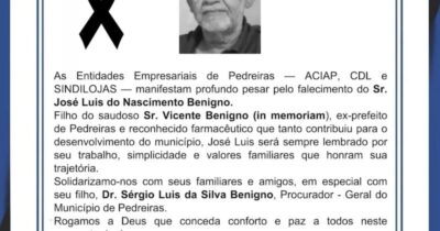 Entidades Empresariais de Pedreiras emitem nota de pesar pelo falecimento de José Luís do Nascimento Benigno