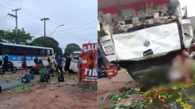 Colisão entre ônibus, picape e motocicleta deixa uma mulher ferida na MA-201; vídeo mostra o momento do acidente