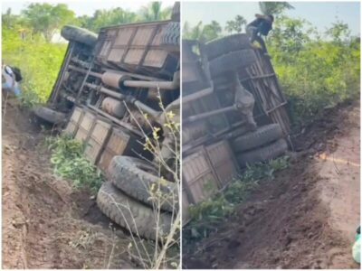 Ônibus tomba e deixa feridos em acidente na zona rural de Mata Roma