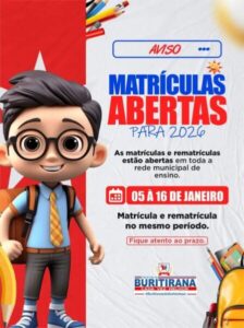 Matrículas e rematrículas da rede municipal de Buritirana estão abertas