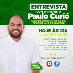 Acompanhe hoje ao meio dia, entrevista com o prefeito de Turilândia Paulo Curió fazendo um balanço do seu primeiro ano de governo, transmissão ao vivo pelas rádios e TVs de Santa Helena e Turilândia