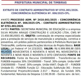 Timbiras: contrato de R$ 7 milhões para manutenção