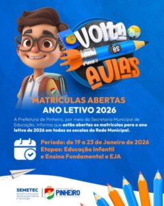 Prefeitura de Pinheiro abre matrículas para o Ano Letivo de 2026 na Rede Municipal