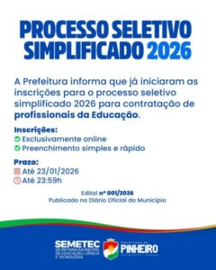 Prefeitura de Pinheiro abre processo seletivo simplificado para contratação de profissionais da educação