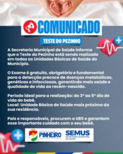 Prefeitura de Pinheiro passa a realizar Teste do Pezinho em todas as Unidades Básicas de Saúde
