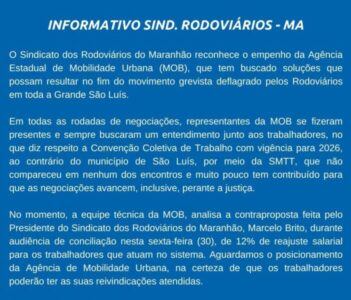 Sindicato dos Rodoviários elogia MOB e critica ausência da Prefeitura de São Luís em negociações da greve