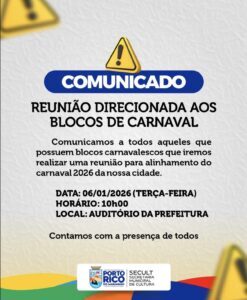 Prefeitura de Porto Rico do Maranhão convoca reunião com blocos carnavalescos para alinhamento do Carnaval 2026