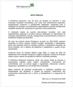 Em nota, Policlínica Ibirapuera explica circunstância da morte de paciente durante lipoaspiração