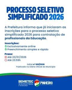 Prefeitura de Pinheiro abre processo seletivo para contratação de profissionais da educação