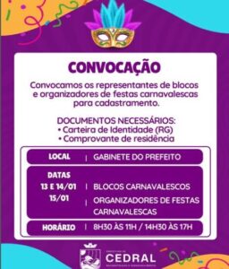 Prefeitura de Cedral Convoca Representantes de Blocos e organizadores de festas para Cadastramento