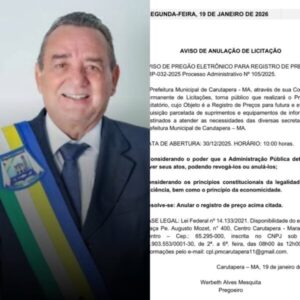 Após repercussão, Prefeitura de Carutapera anula licitação de R$ 5 milhões vencida por eletricista de Paço de Lumiar