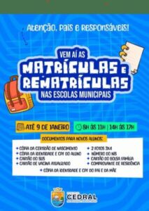 Período de Matrículas e Rematrículas nas Escolas Municipais de Cedral do Maranhão