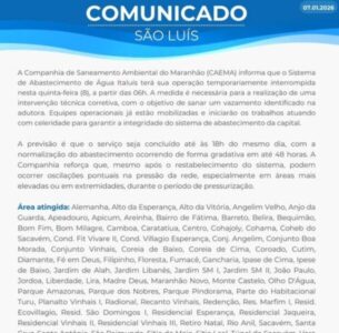 Caema emite Nota e bairros de São Luís ficam sem água nesta quinta-feira (8)