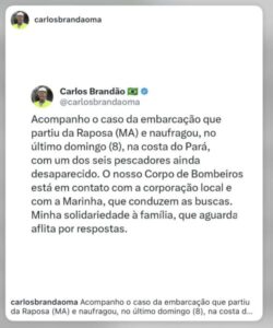Governador Brandão anuncia que Bombeiros do Maranhão irão auxiliar nas buscas por “mestre” de barco desaparecido no Pará