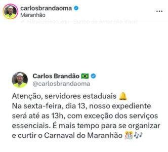 Carlos Brandão anuncia redução do expediente e servidores estaduais terão ponto facultativo na sexta-feira (13)