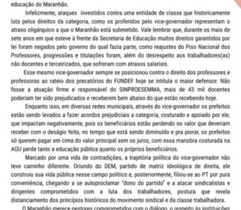 SINDICATO DOS TRABALHADORES E TRABALHADORAS DO BRASIL NO MARNHÃO REPUDIA ATAQUES SISTEMÁTICO DE FELIPE CAMARÃO AO SINPROESEMMA